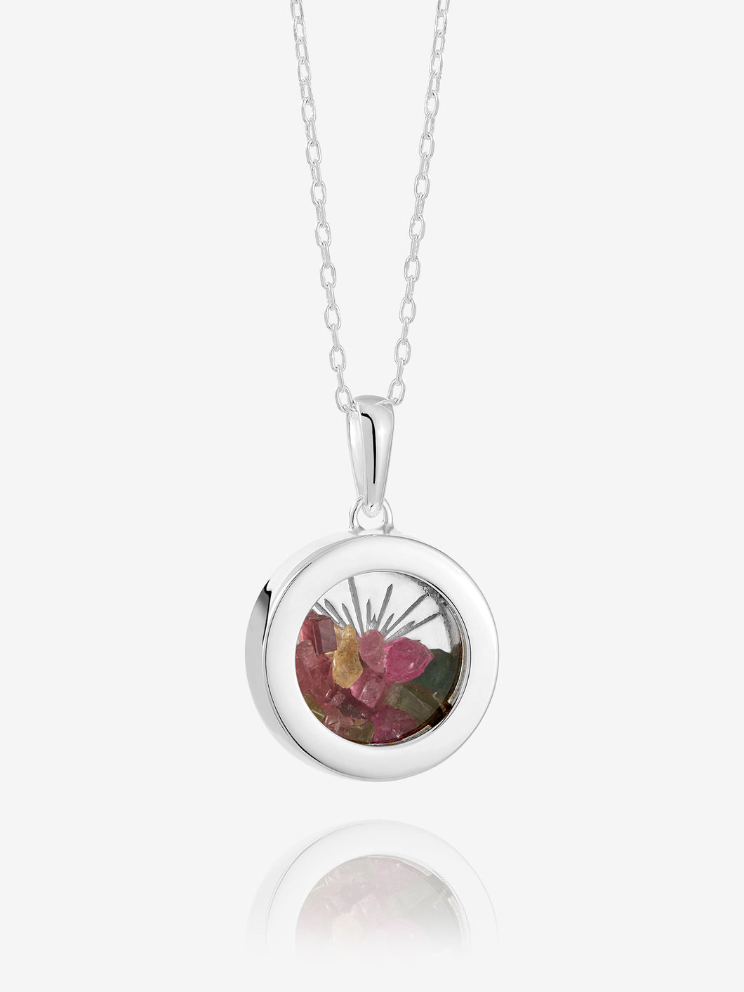 Small Deco Sun Birthstone Amulet Necklace, Silver