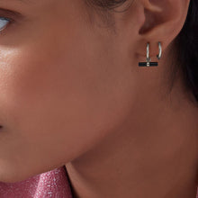 Load image into Gallery viewer, Mini Onyx T-BarHuggie Hoop Earrings, Silver
