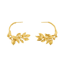 Load image into Gallery viewer, Lemon Blossom Branch Hoop Earrings with Hanging  Lemons, Gold Plated
