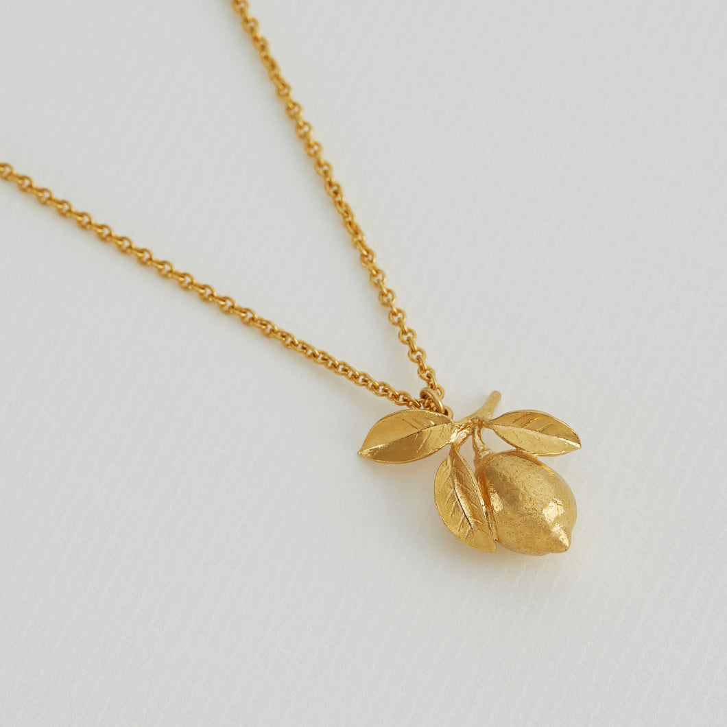 Large Lemon & Leaf Necklace, Gold Plated