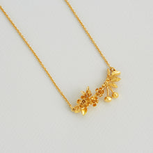 Load image into Gallery viewer, Cherry Blossom Branch Necklace with Hanging Cherries, Gold Plated
