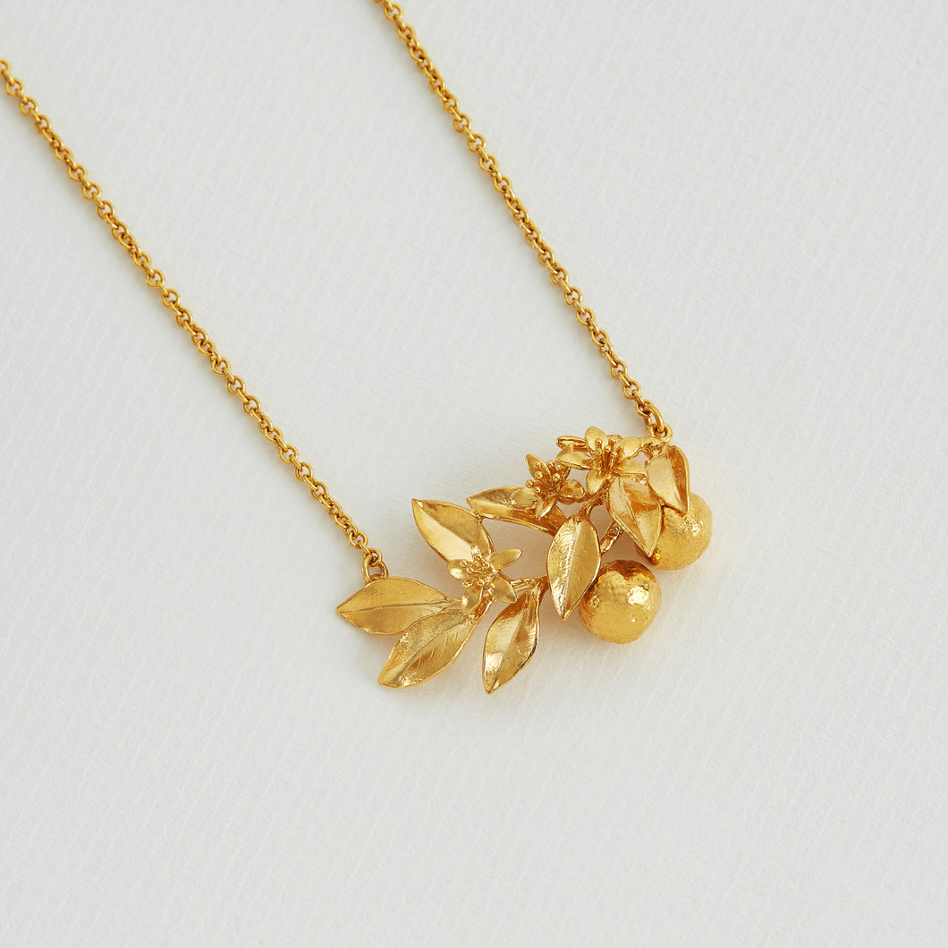 Orange Blossom Branch Necklace with Hanging Oranges, Gold Plated