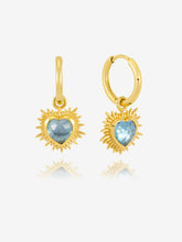 Load image into Gallery viewer, Electric Love Blue Topaz Heart Huggie Hoop Earrings, Gold
