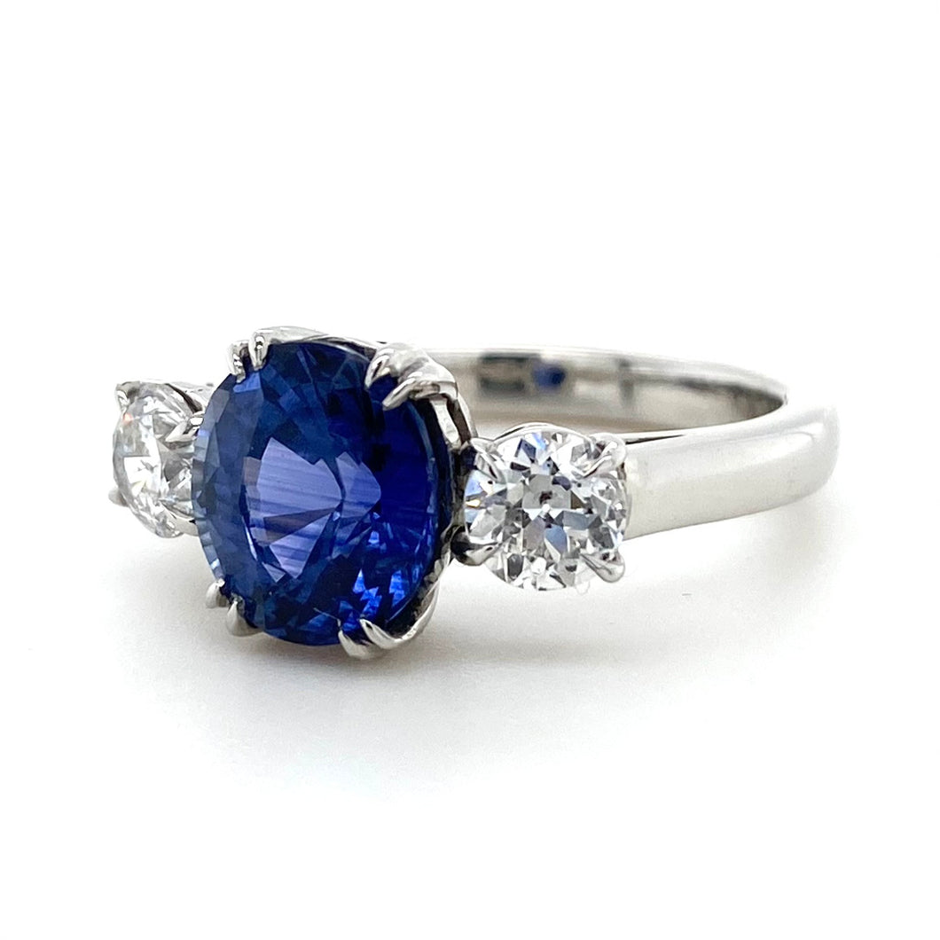 Platinum Blue Sapphire & Old Cut Diamond Ring