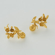 Load image into Gallery viewer, Peach Blossom Branch Climber Earrings with Hanging Peaches, Gold Plated
