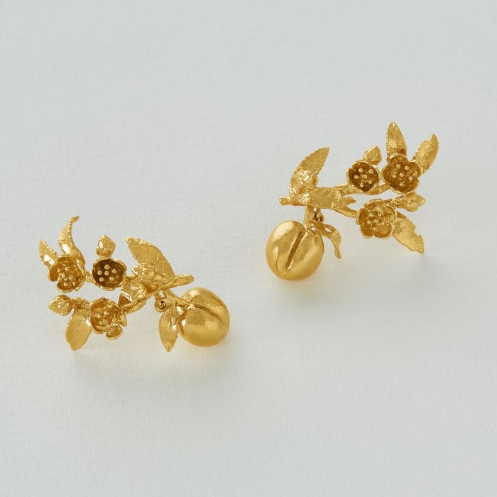 Peach Blossom Branch Climber Earrings with Hanging Peaches, Gold Plated
