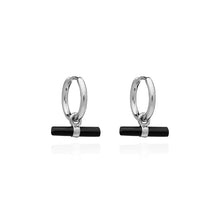 Load image into Gallery viewer, Mini Onyx T-BarHuggie Hoop Earrings, Silver
