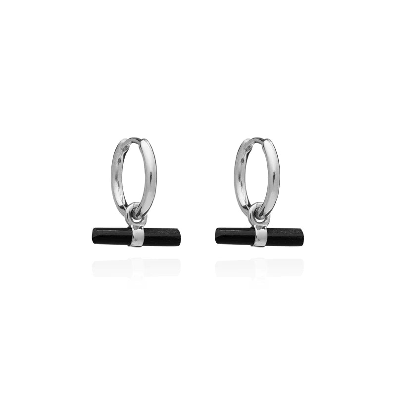 Mini Onyx T-BarHuggie Hoop Earrings, Silver