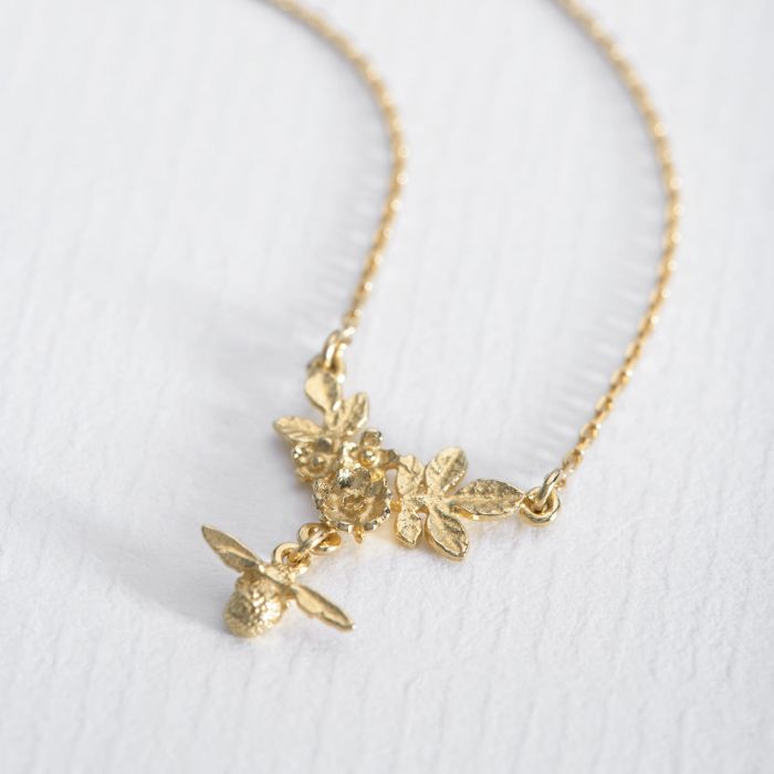 Floral Cluster Necklace with Bee Drop, 18ct Gold