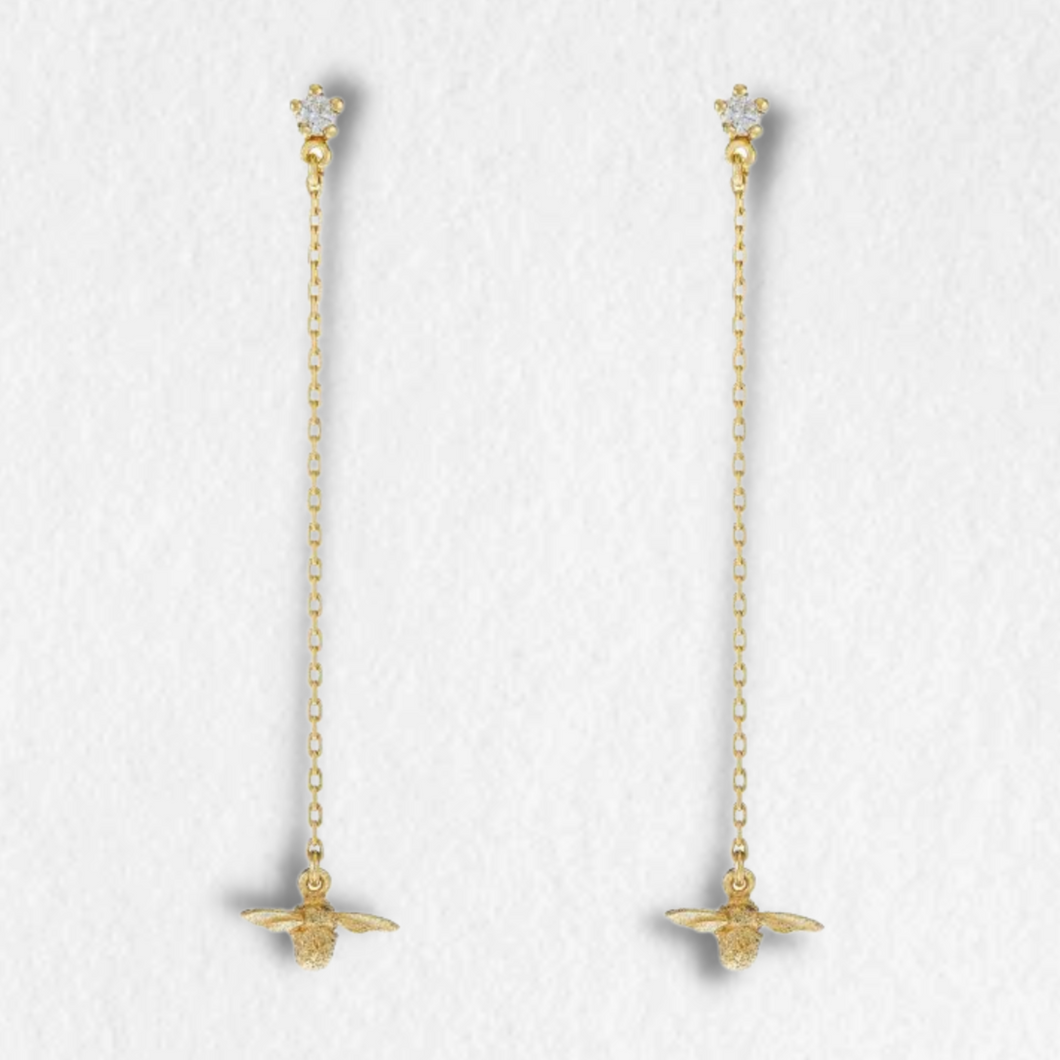 Diamond Stud Earrings with Fine Bee Chain Drops, 18ct Gold