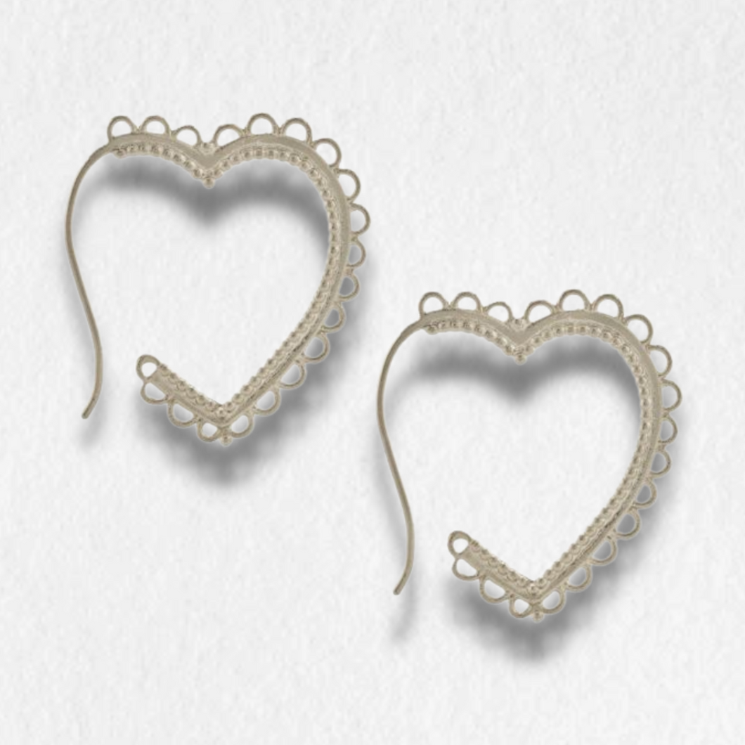 Lace-Edged Heart Hoop Earrings, Silver