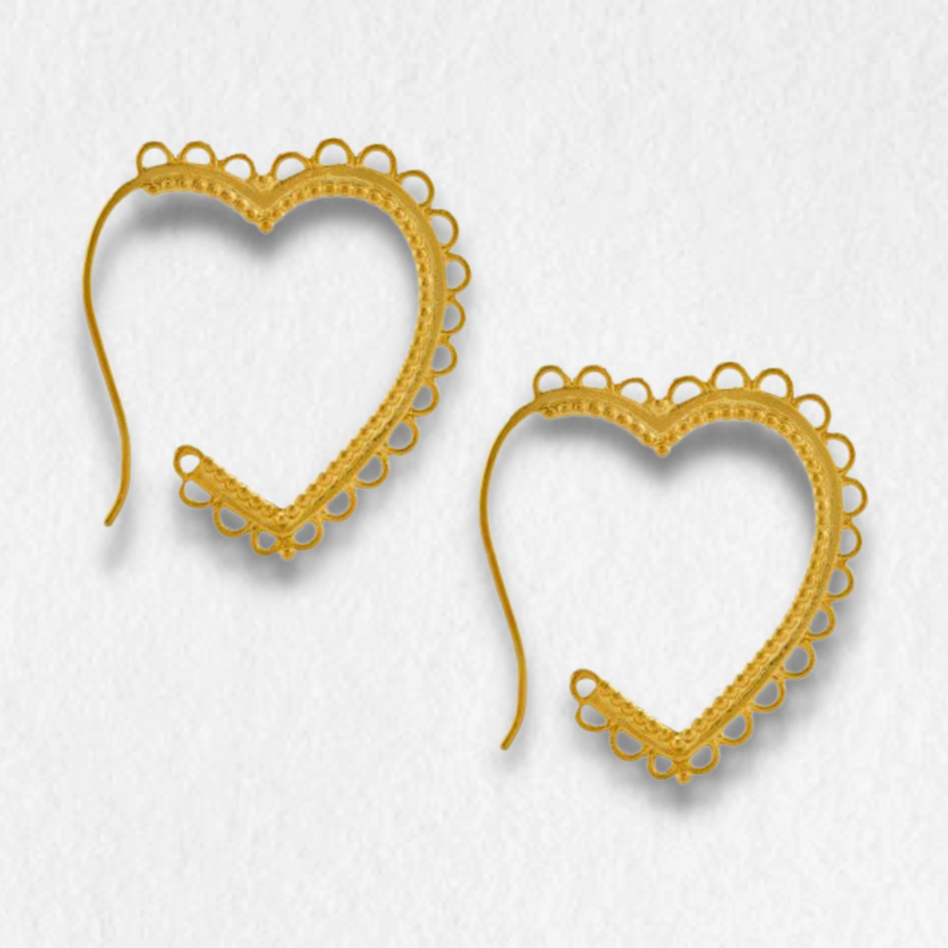 Lace-Edged Heart Hoop Earrings, Gold