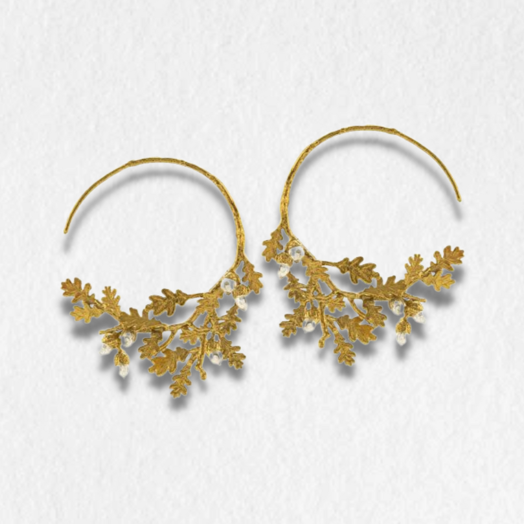 Oak Leaf & Acorn Hoop Earrings, Silver & Gold