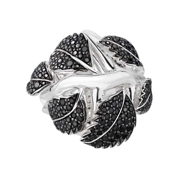 Blackthorn Leaf Ring, Silver & Black Spinel
