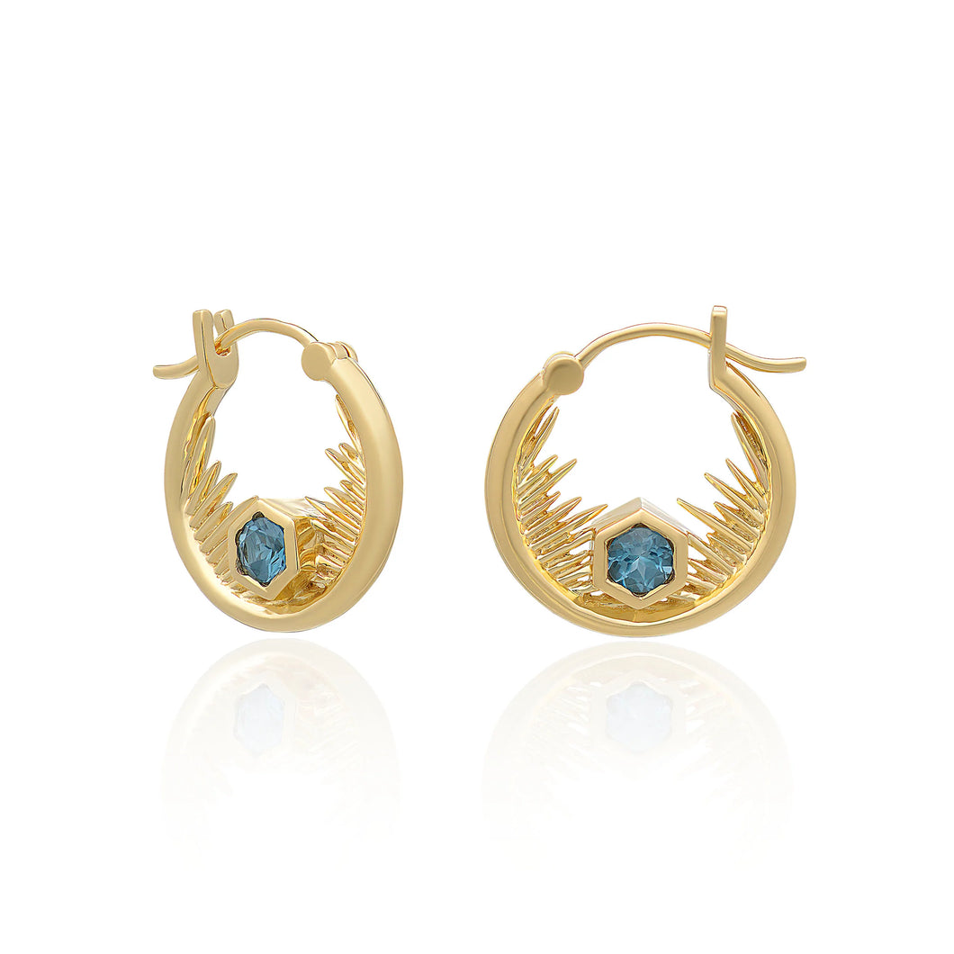 Electric Goddess Blue Topaz Round Hoops, Gold