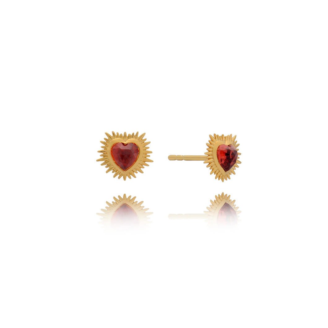 Electric Love Garnet Heart Stud Earrings, Gold