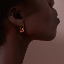 Load image into Gallery viewer, Garnet Hexagon Padlock Hoop Earrings, Gold
