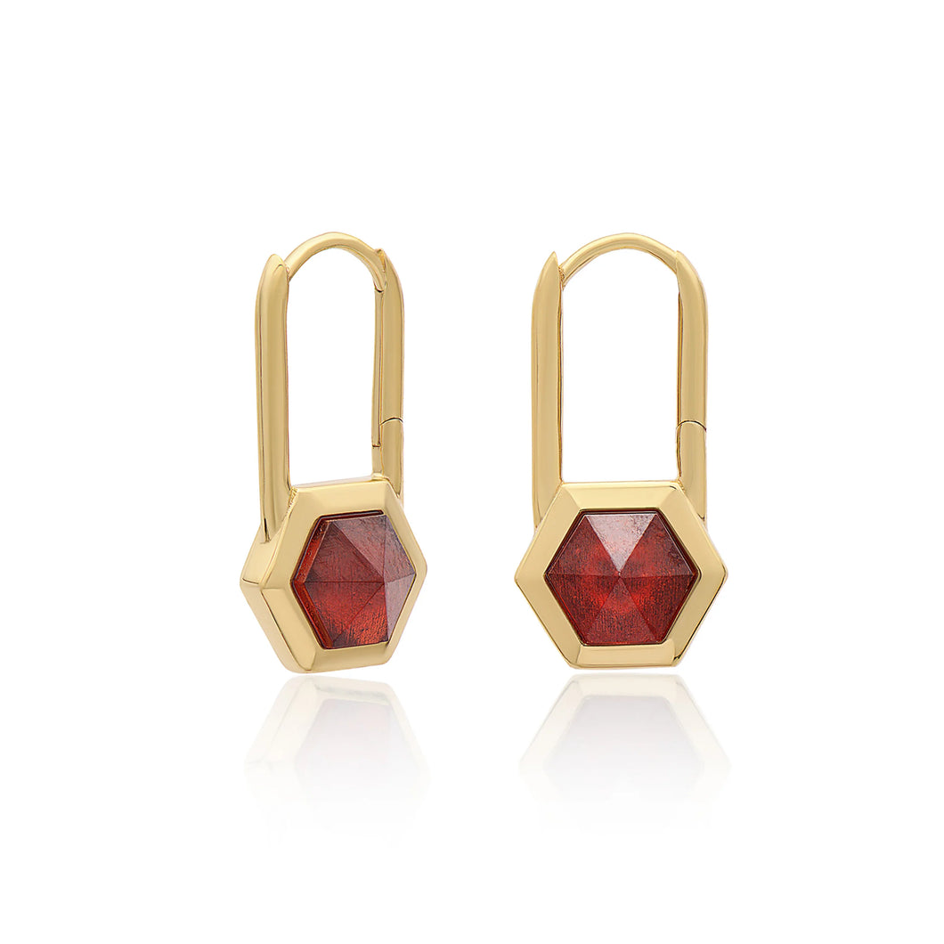 Garnet Hexagon Padlock Hoop Earrings, Gold