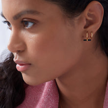 Load image into Gallery viewer, Mini Onyx T-BarHuggie Hoop Earrings,  Gold
