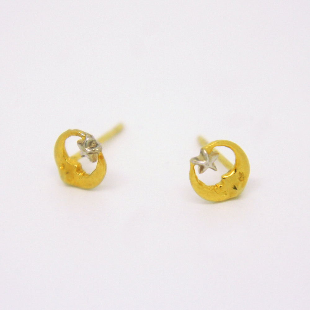 Mini Moon & Star Stud Earrings, Gold & Silver