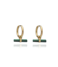Load image into Gallery viewer, Mini T-Bar Malachite Huggie Hoops, Gold
