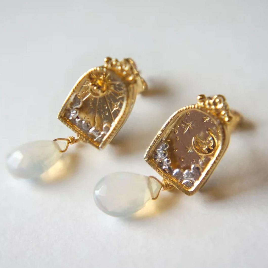 Sun & Moon Sky Arch Earrings with Opal, Gold & Silver