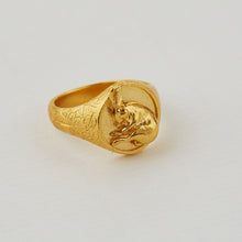 Load image into Gallery viewer, Ornately Engraved Signet Ring with Sleeping Hare, Gold
