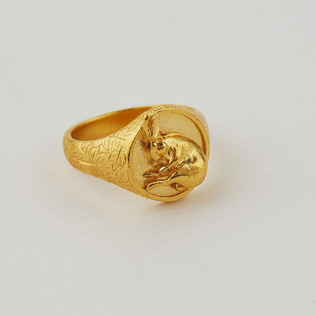 Ornately Engraved Signet Ring with Sleeping Hare, Gold