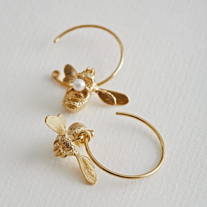 Flying Bee Pearl Hoop Earrings, Gold