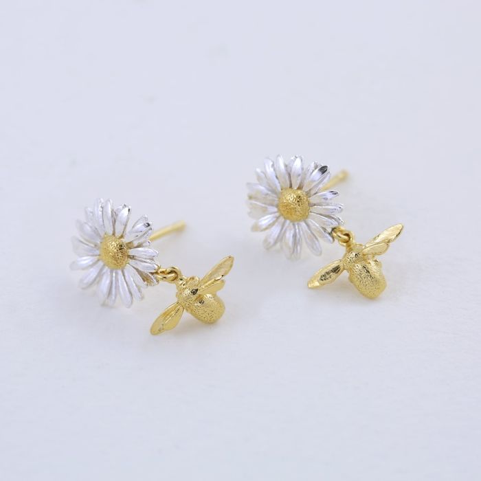 Daisy Stud Earrings with Teeny Tiny Bee Drops, Silver & Gold