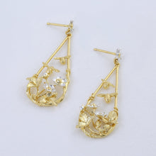 Load image into Gallery viewer, Strawberry Patch Teardrop Earrings with Buzzing Bees, Silver &amp; Gold
