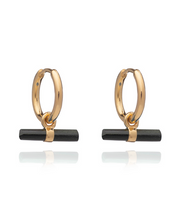 Load image into Gallery viewer, Mini Onyx T-BarHuggie Hoop Earrings,  Gold
