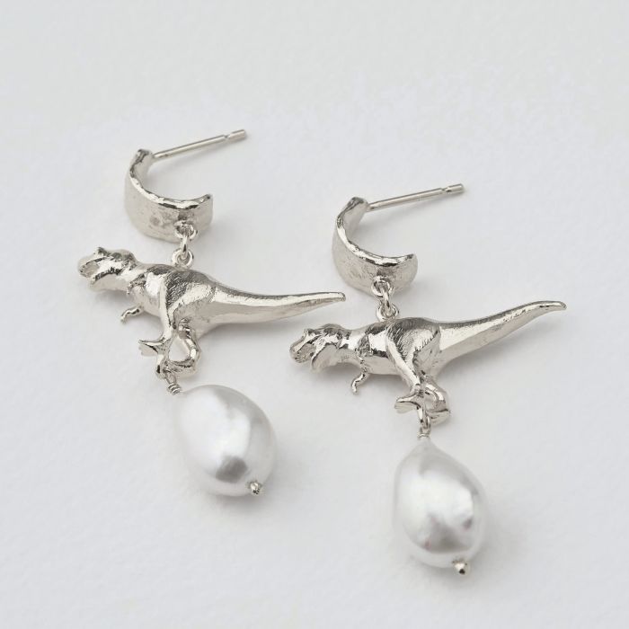 Tyrannosaurus Rex & Baroque Pearl Earrings, Silver