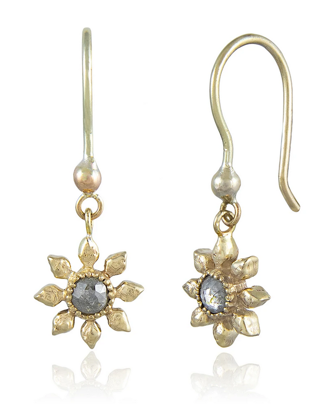 Diamond Flower Hook Earrings, 9ct Yellow Gold