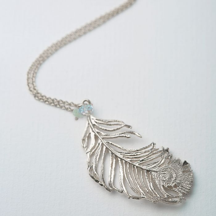 Large Peacock Feather Necklace, Silver
